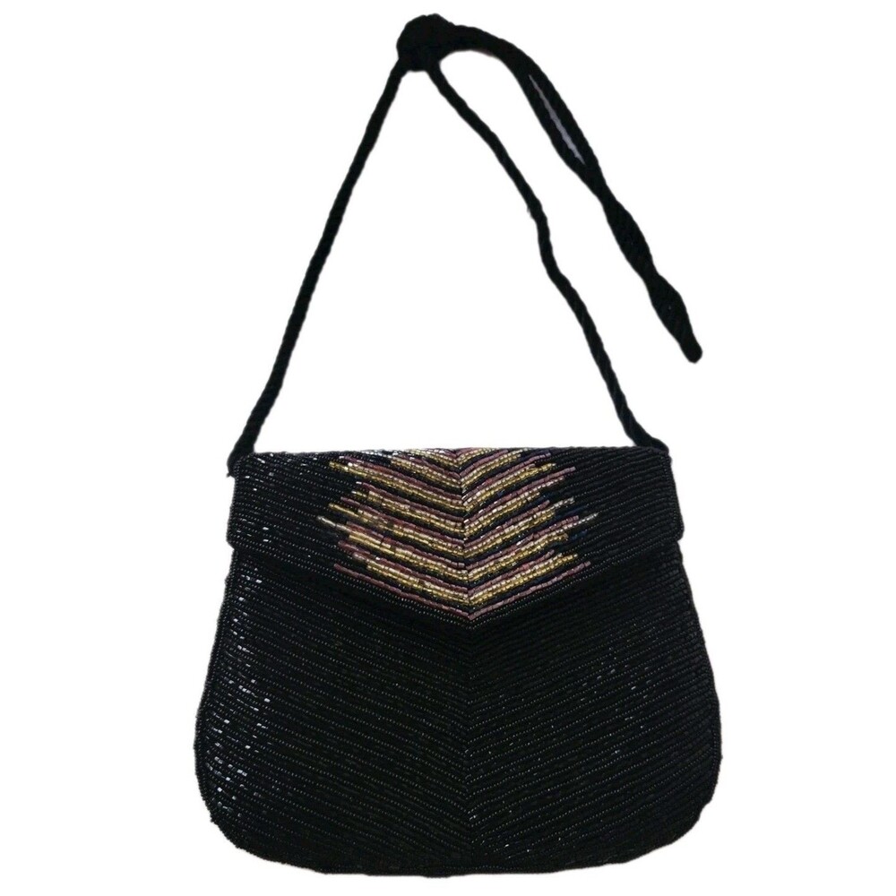Vintage Black Beaded Evening Bag Rope Strap Art Deco Style